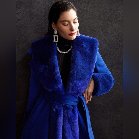 WOOL-BLEND FAUX FUR FUZZY CUFF OVERCOAT Winter Coat Outerwear - Picture 5 of 11